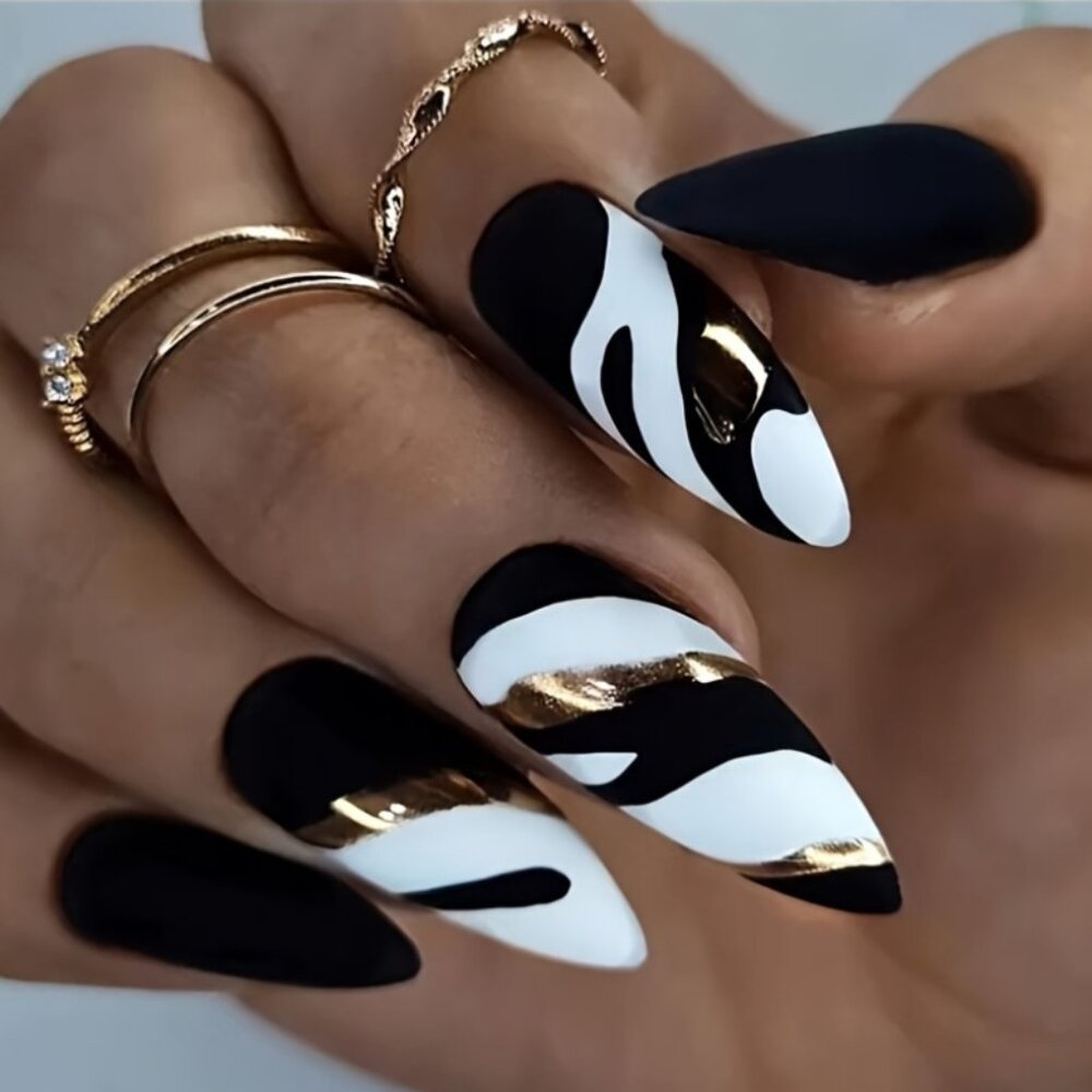 24-Piece Almond-Shaped Press-On Nails Set - Medium Length with Black and White